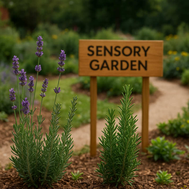 Jardim com mudas aromaticas de alecrim e lavanda com uma placa de madeira.