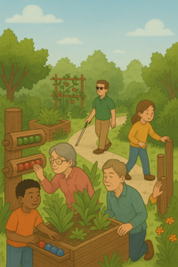 Imagem em Jardim com plantas ao redor, com um deficiente visual passeando pelo piso adequado, dois idosos trabalhando em uma horta junto a um menino que demonstra-se feliz uma mulher observando como explorar o ambiente a frente